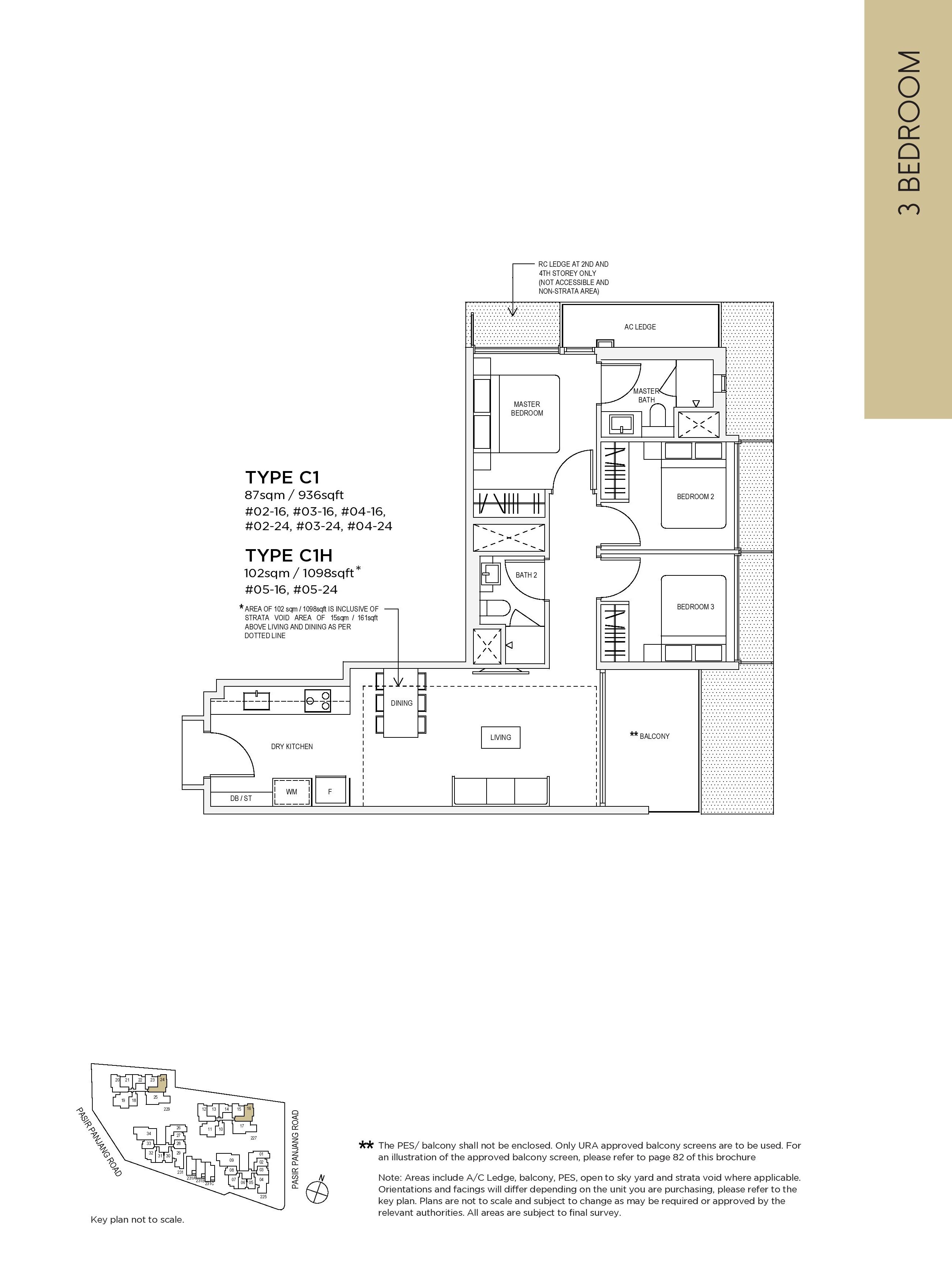 The Verandah Residences 3 Bedroom Floor Plans Type C1, C1H