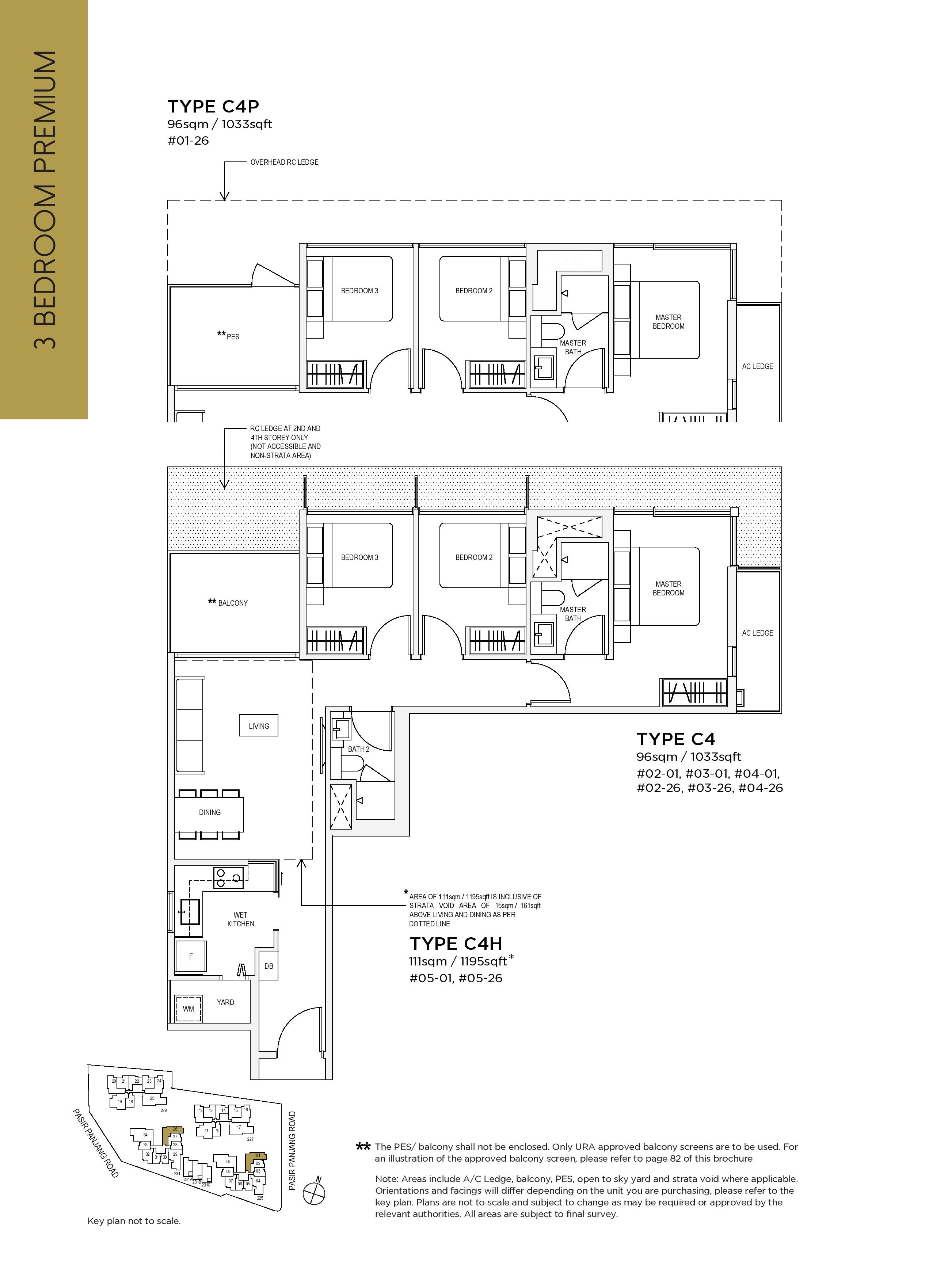 The Verandah Residences 3 Bedroom Floor Plans Type C4, C4H, C4P