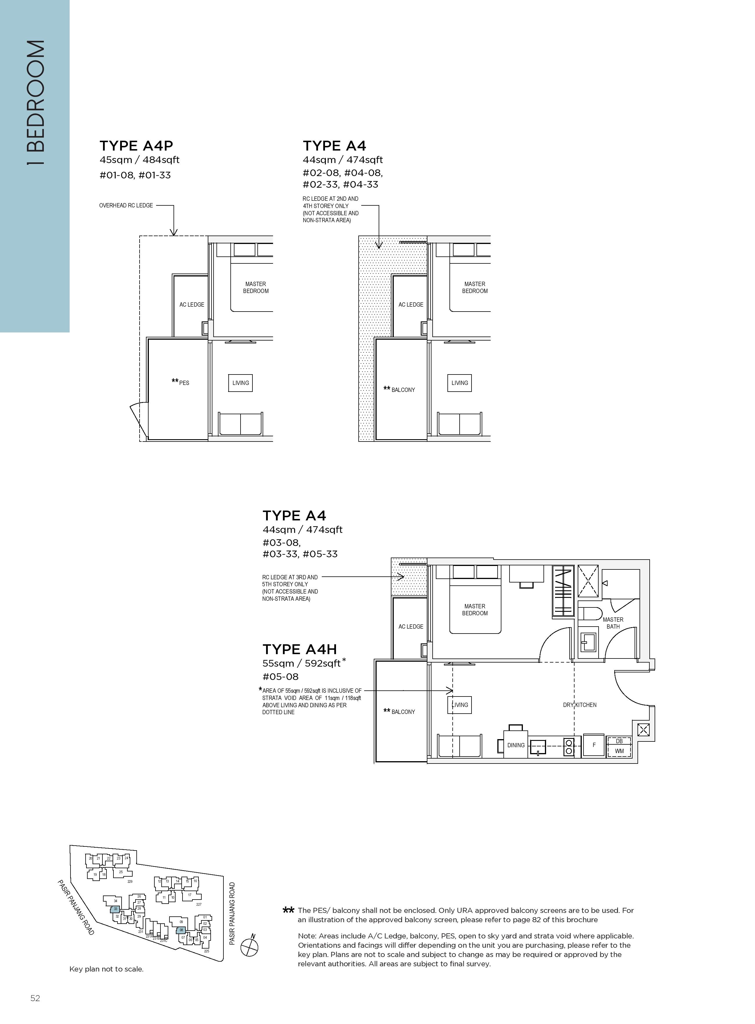 The Verandah Residences 1 Bedroom Floor Plans Type A4, A4H, A4P